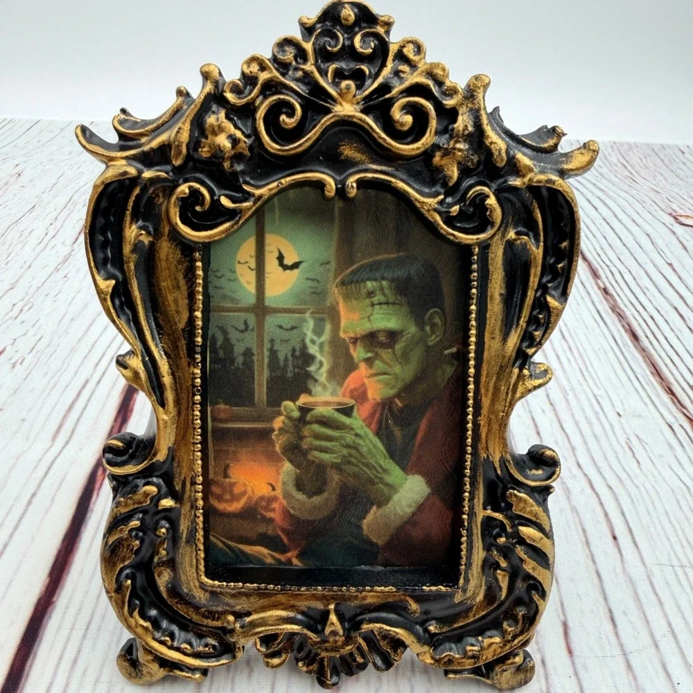 Frankenstein Santa Claus Art Print Gothic Ornate Black Gold Resin Frame 5.25in